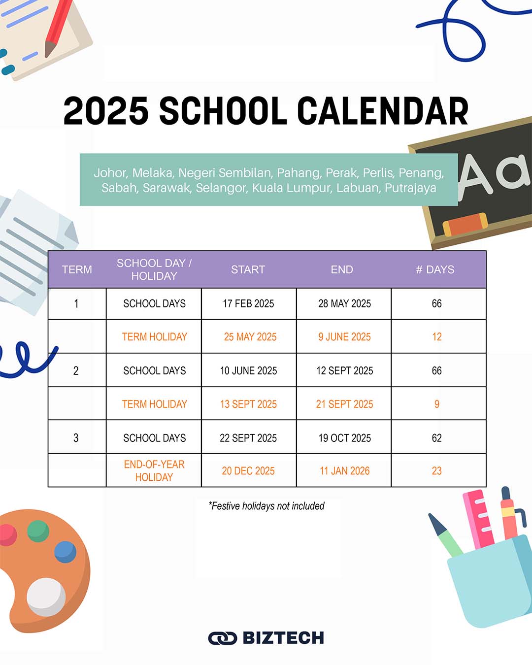 Malaysia School Holiday 2025 Calendar