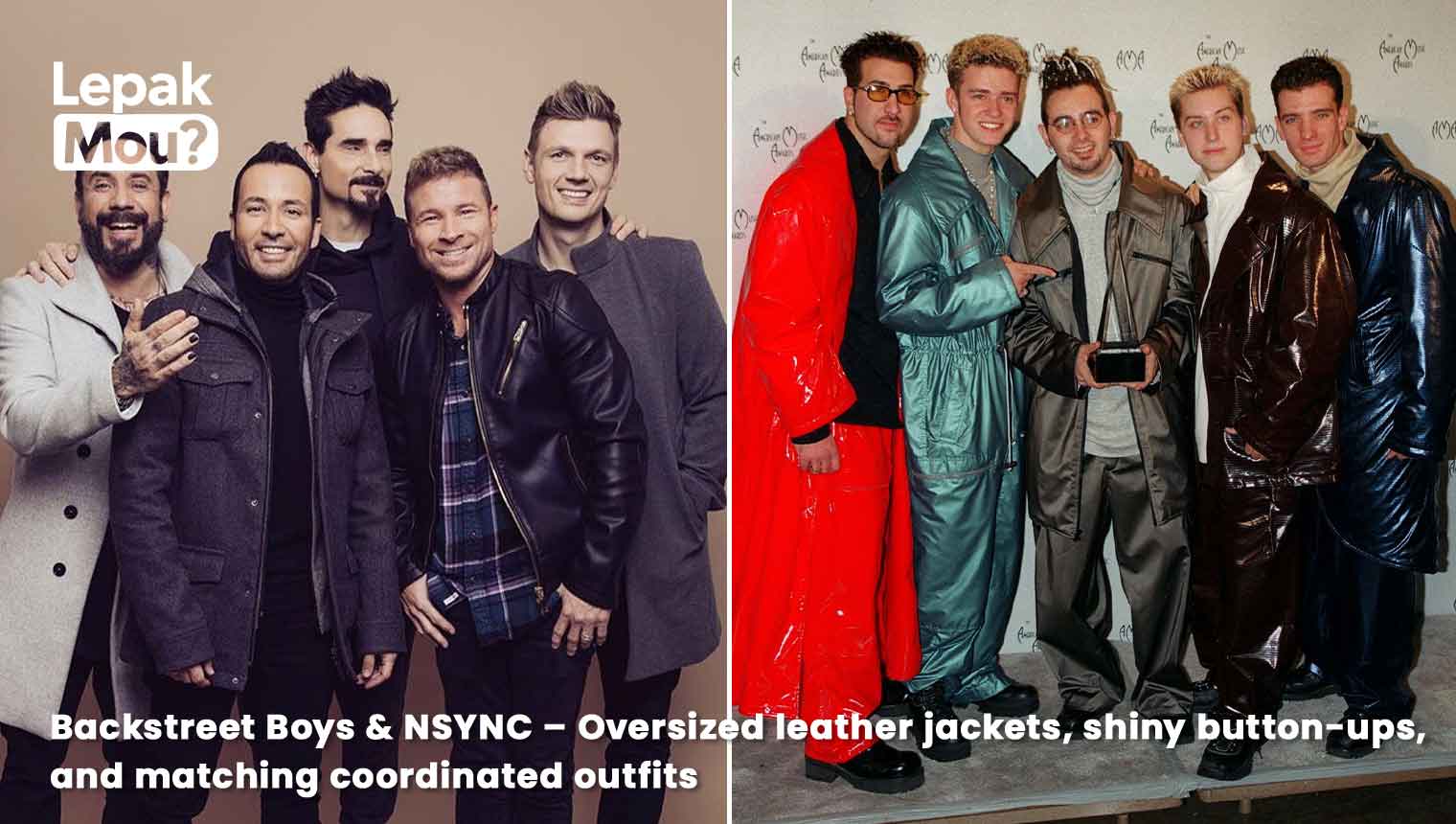 Backstreet Boys & NSYNC in Y2K Style: Oversized leather jackets, shiny button-ups, and matching coordinated outfits