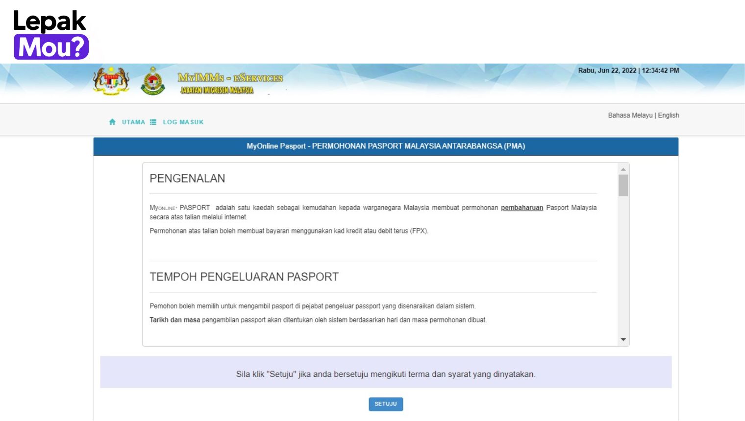 How to renew passport online Malaysia: Step 2, Click "Setuju"
