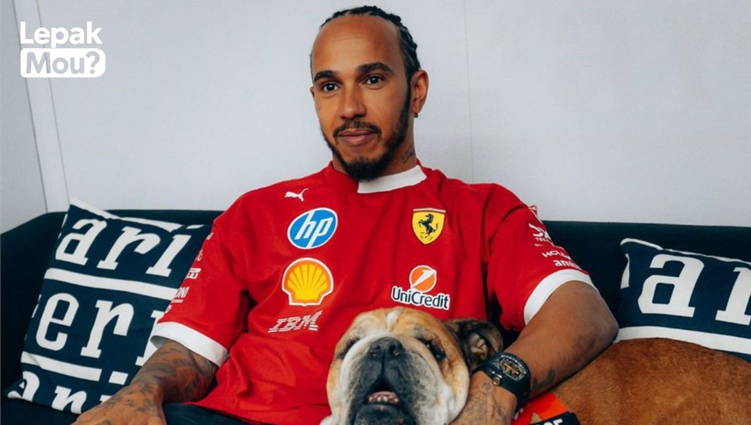 Lewis Hamilton and his dog, Roscoe.