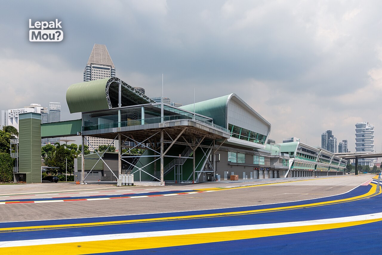 The Marina Bay Street Circuit pit building and grandstands in Singapore