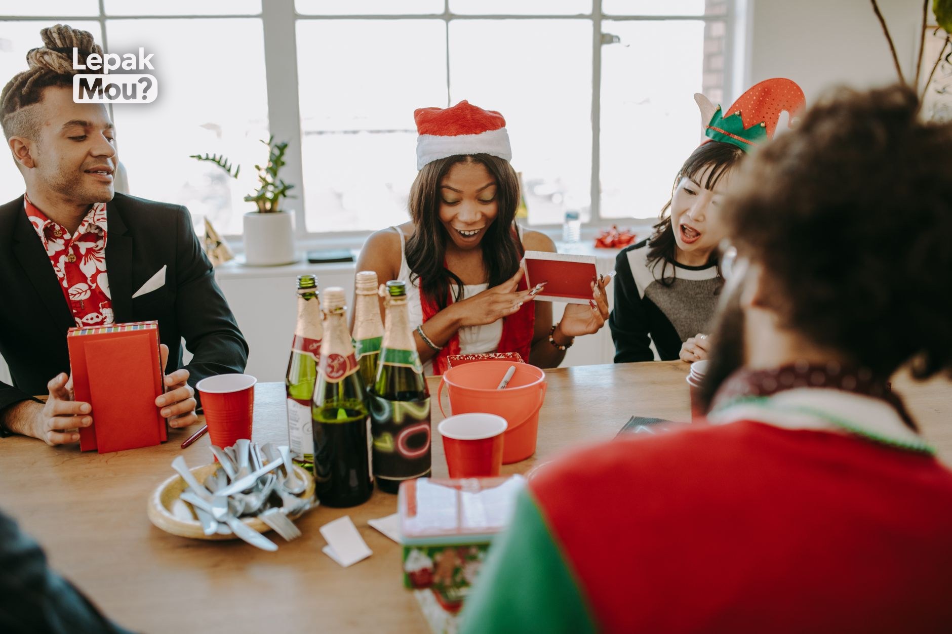 Friends celebrating and shopping for Christmas gifts