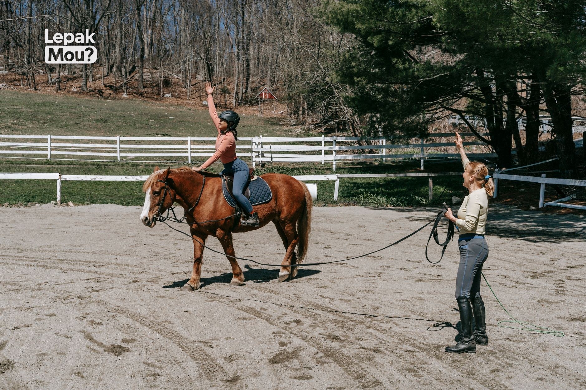 A child riding a pony during a lesson